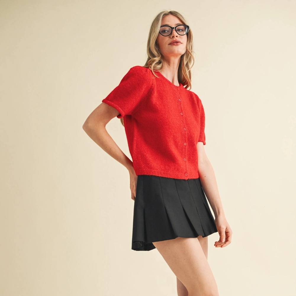 NWT Red Puff Sleeve Cardigan Sweater - Picture 6 of 8